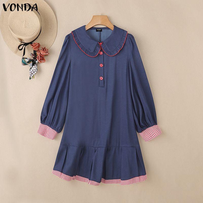 VONDA Women Turn Down Collar Long Sleeve Stitching Plaid Print Casual Ruffled Dress