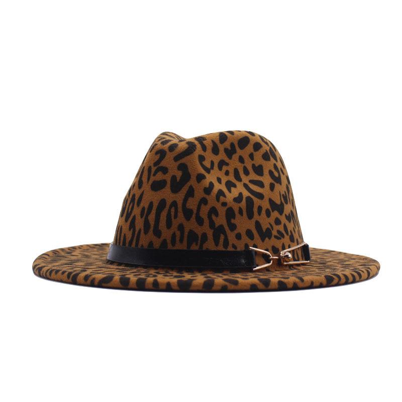 European and American new woolen leopard print top hat flat-brimmed big eaves hat couple hat pair buckle chain jazz hat