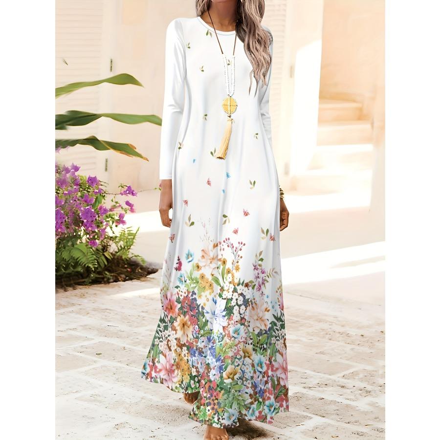 Women's Long Sleeve Round Neck Floral Print Dress Vacation Style Summer Casual A-Line Midi Dress Spring Autumn Fashion
