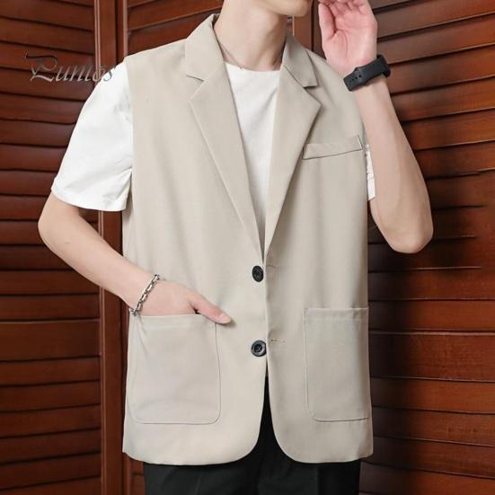 Men Suit Vest Lapel Sleeveless Two-Button Placket Business Waistcoat with Side Pockets Solid Color Casual Vest Coat