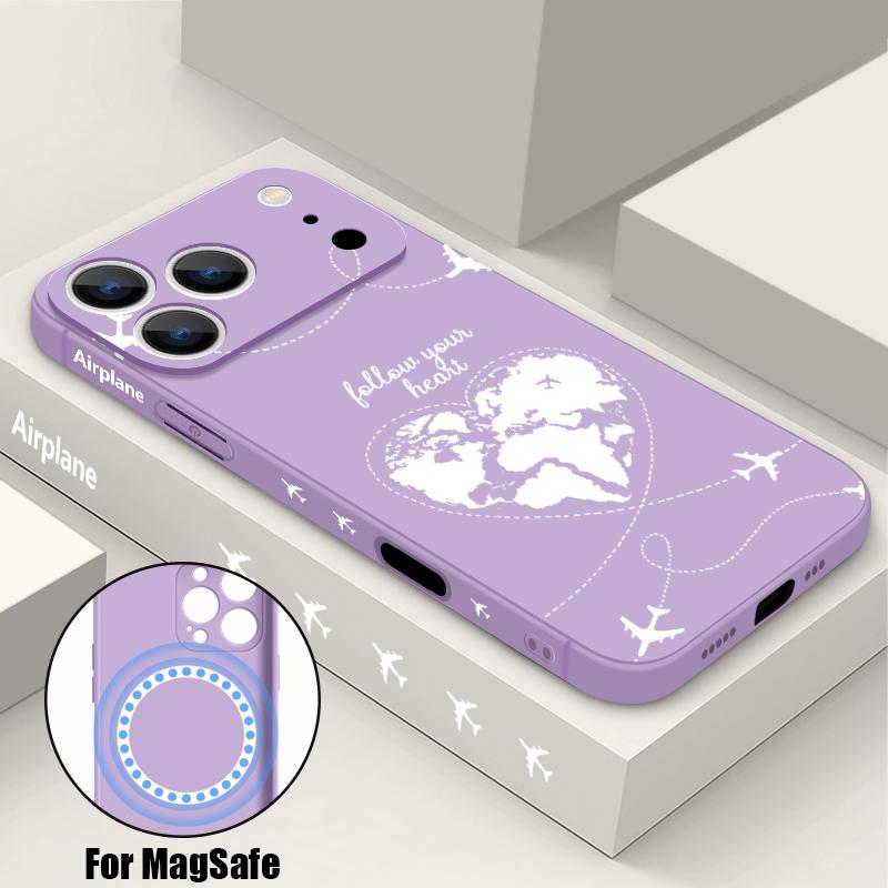 

Глобальный полет Чехол с принтом самолета Для iPhone 17 Pro Max Магнитный Для Magsafe Мягкий чехол Для iPhone 16 Pro Max 15 14 13 16E Air iPhone 13 Pro Max фиолетовый