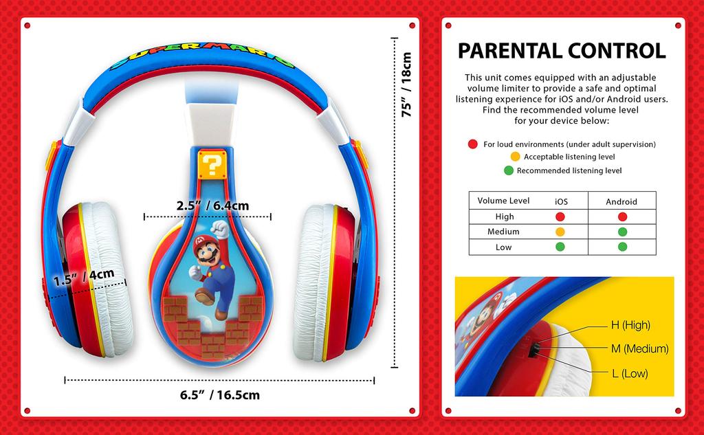 eKids Super Mario Headphones for Kids, Earphones, Music, Kids, Mario Characters, Volume Limiter, KIDdesigns