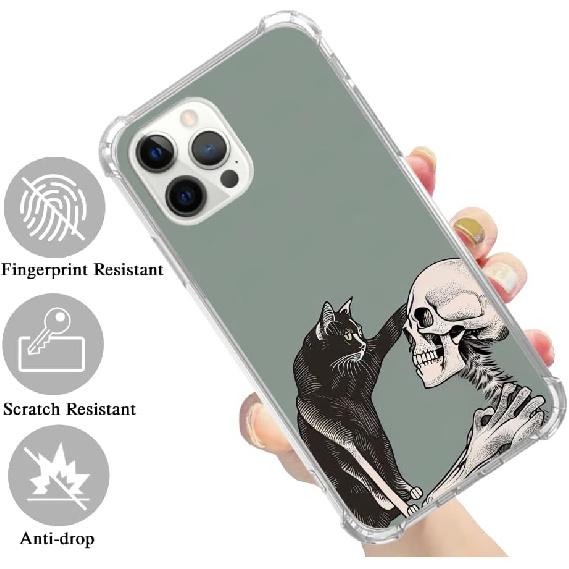 

Чехол «Кот и череп» совместимый с iPhone 13 Pro Max, Хиппи Жуткий Черный Кот и Скелет Чехол для iPhone 13 Pro Max для Подростков Мужчин и Женщин, Крутой