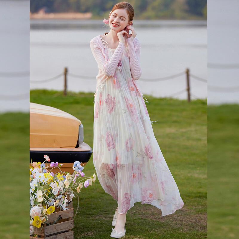Bailuyu Printed Shawl Sling Dress Set S