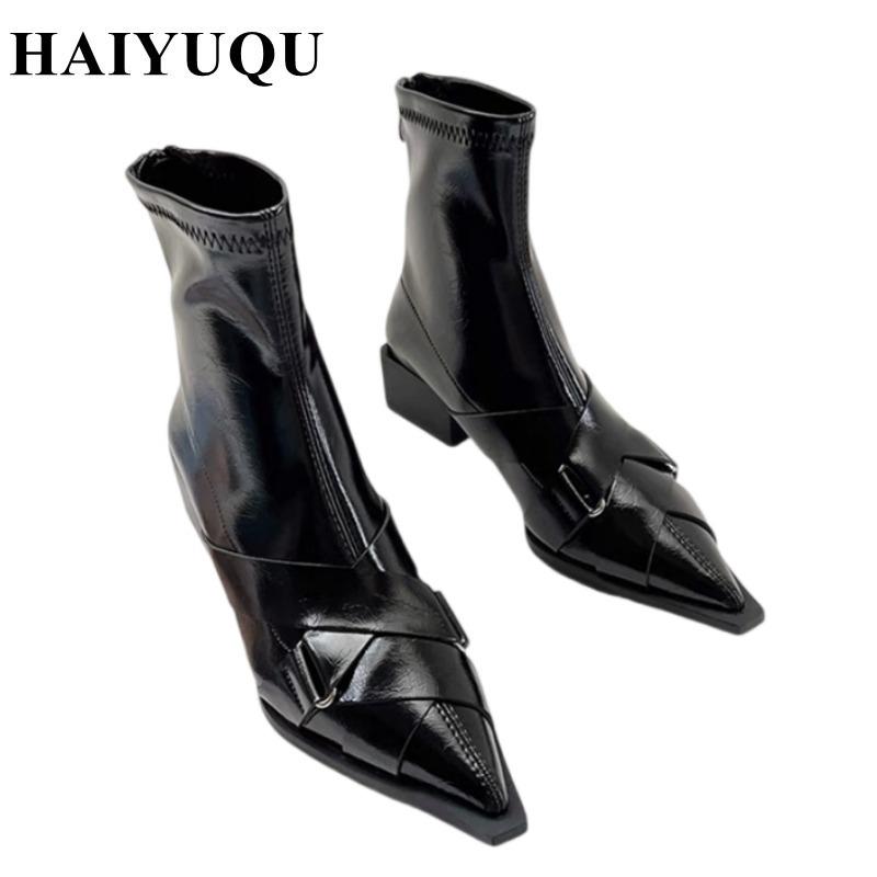 Sexy Pointed Toe Ankle Boots Low Heels Women Shoes Party Dress Elegant PU Leather Brand  New Chelsea Goth Pumps Botas Mujer