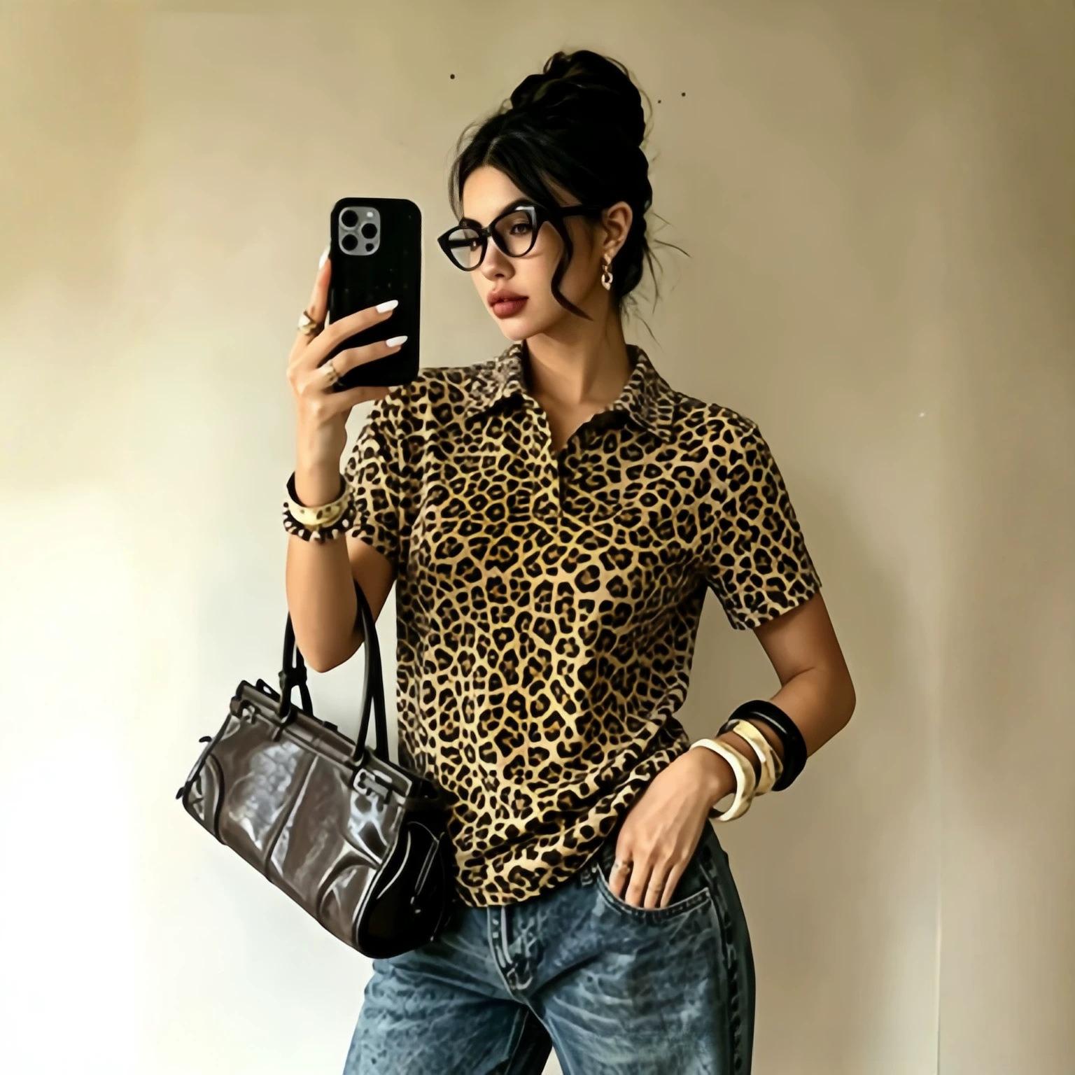 Summer Vintage Leopard Print Polo Shirt Short Sleeve Women s Slim Fit Personality Versatile Short Sleeve Top S