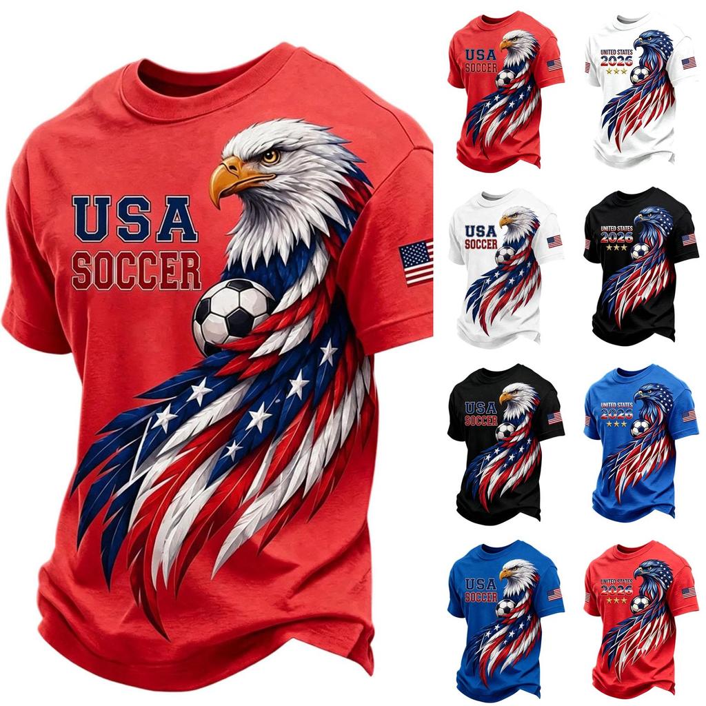 Men's Casual V Neck Breathable Short Sleeve Shirt Soccer Graphic Print Lightweight Comfortable Fit USA Theme