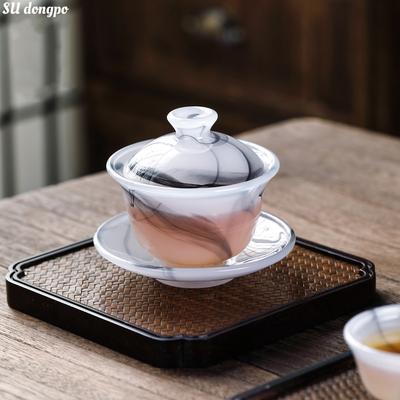 Ink Colored Glass Sancai Gaiwan Imitation White Jade Porcelain Tea Making Bowl Chinese High-end Tea Set