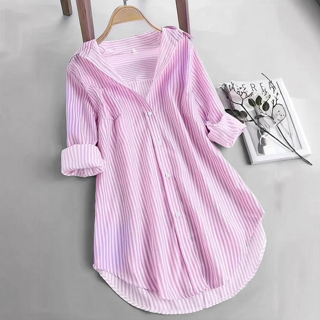 Women's Loose Vertical Stripe Mid-Length Shirt - Casual Fashion Long-Sleeve Style
