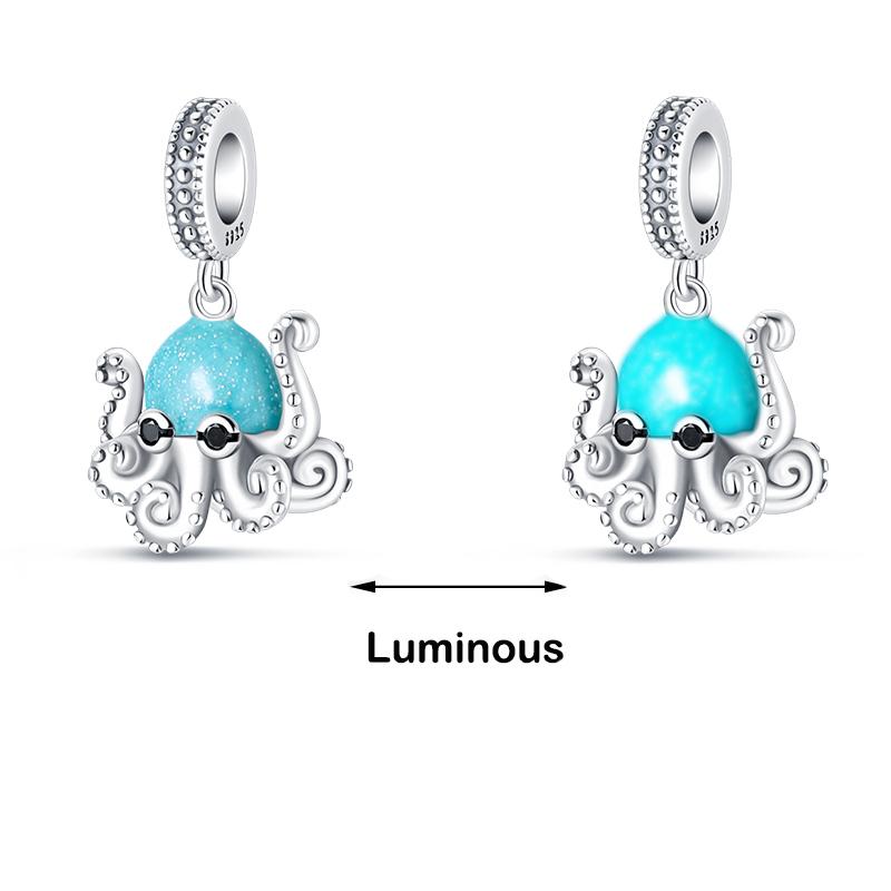 Abalorios luminosos de plata de ley 925 auténtica con forma de ballena, pulpo, concha marina, color azul, aptos para pulseras originales 925, joyería fina DIY