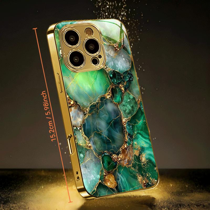 Green and gold rock patterned tempered glass phone case suitable for iPhone 17 16 15 14 13 12 11 Pro/Max/Plus shockproof