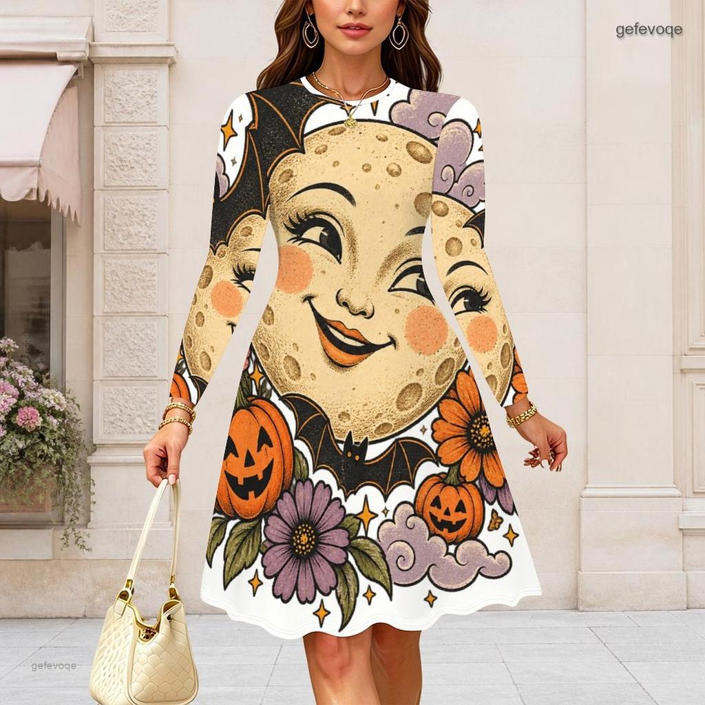 Women Plus Size Round Neck Long Sleeve Swing Dress Halloween Opossum Pumpkin Print Casual Party Dress