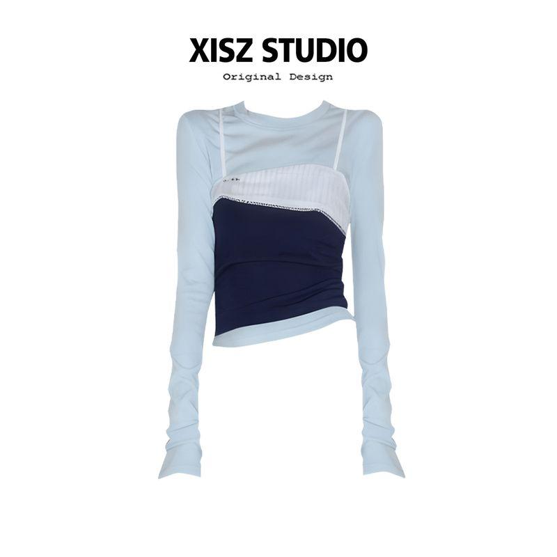 

Style Outfit with Camisole and Long-Sleeve T-Shirt Two-Piece Set for Women, Super Stylish for Layering in Autumn, Regular Shoulder Short Top Set Blue S