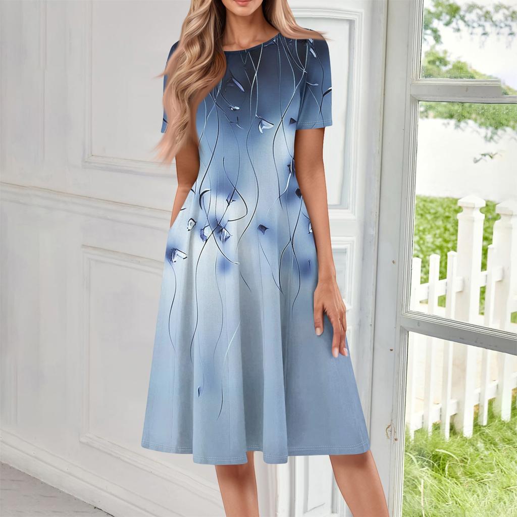 Women's Casual Fashion Round Neck Short Sleeve Print Midi Dress