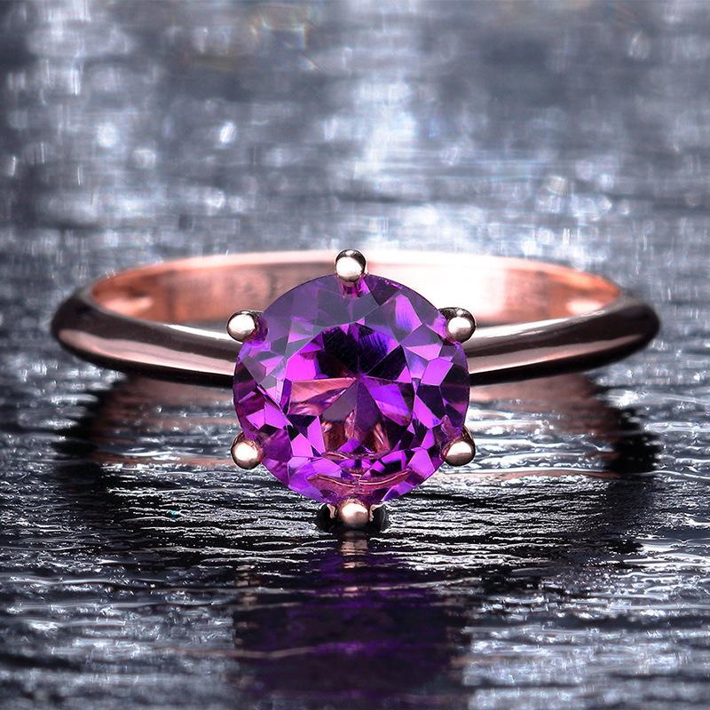 

Rose Gold Six-Claw Diamond Ring with Gemstone - Classic Design for Women Purple Diamond [Rose Gold]