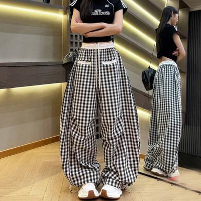 Summer Retro American Lazy Style Patchwork Drawstring Wide-Leg Thin Curved-Cut Plaid Casual Pants - Trendy Fashion
