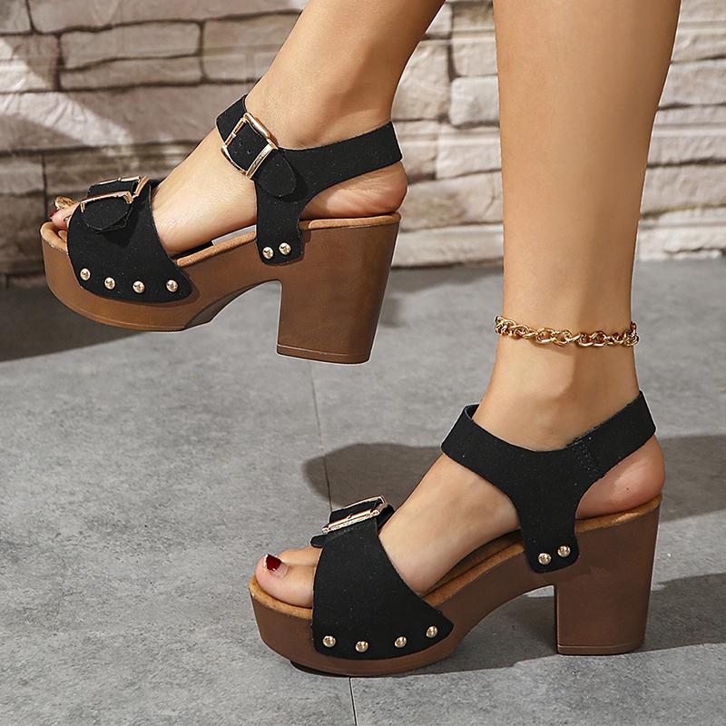 Metal Buckle Thick High Heel Sandals Women's Summer Platform Fashion Sandels Rivet Decor Sandalias
