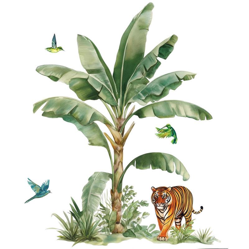 Tropical Tiger & Banana Leaf Bird Wall Sticker for Living, Dining, or Study Rooms - Self-Adhesive Decor