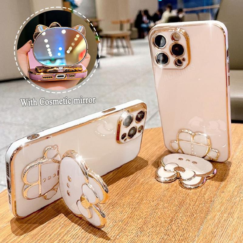 S 21 22 23 24 Luxury Plating Mirror Holder Case For Samsung Galaxy S21 S20 S23 Fe S22 Plus Ultra Silicone Stand Cover S21fe