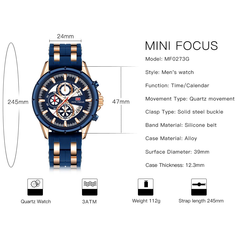 MINI FOCUS Merke multifunksjonell sport herreklokke kalender vanntett silikonrem herre kvarts klokker