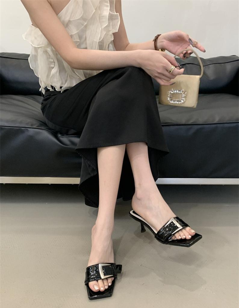 Fashion Patent Leather Buckle Design Brand Slippers Women Fashion Open Toe Thin Heel Slide Sandals Elegant Comfortable High Heel Sandals