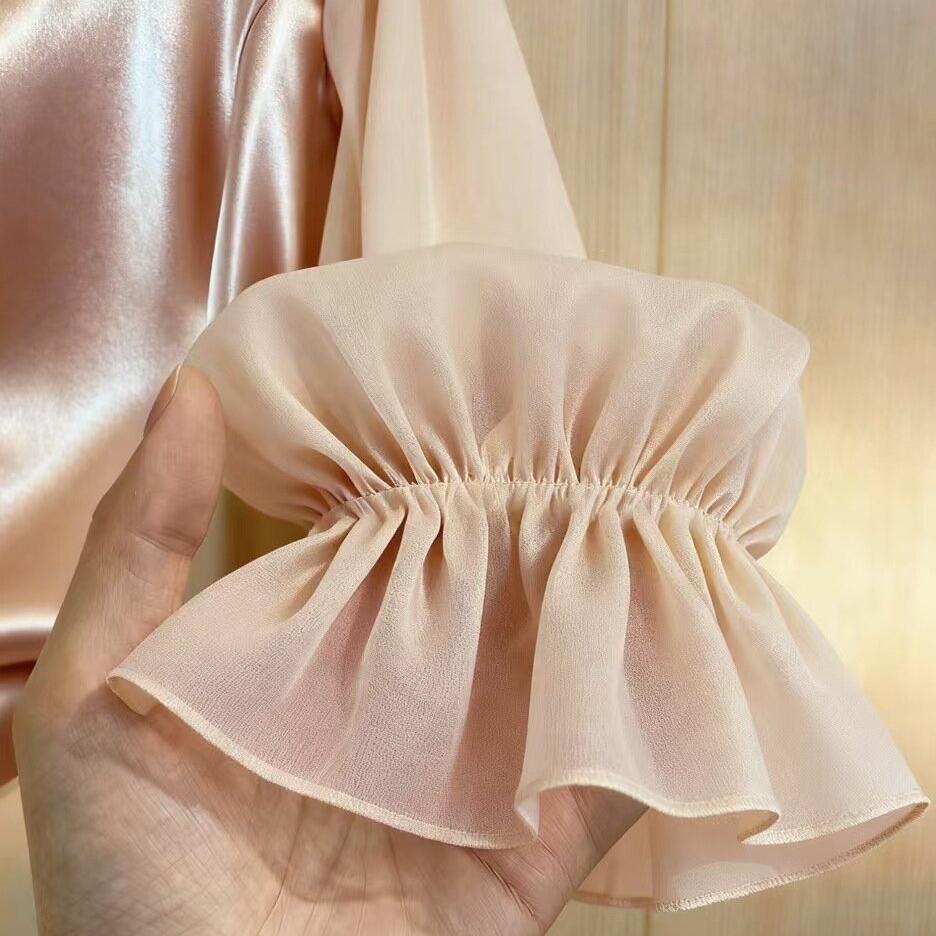Spring Autumn Women's Round Neck Blouse High-end Pearl Satin Shirt Top