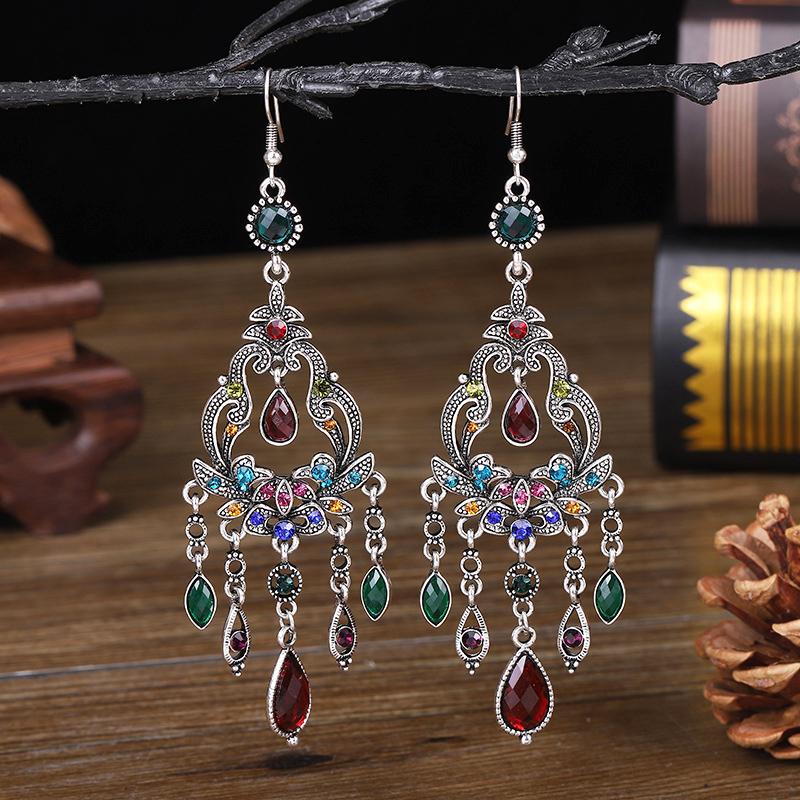 Vintage Ethnic Rhinestone Long Earrings Light Luxury Texture Flower Shaped Water Drop Earrings for Women Retro Jewelry Gift
