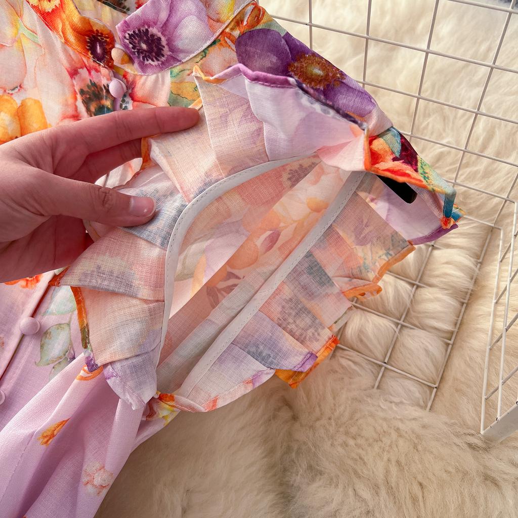 Kleid mit Blumendruck für Damen, Rüschen, fliegende Ärmel, kontrastierende einreihige Kleider, Taillenschnürkleider im Palaststil