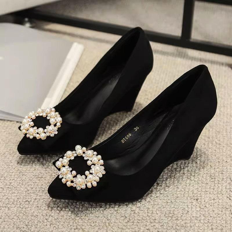 Fashion FHC 2025 New 8CM High Hlees,Women Pumps,Sexy Rhinestone Pearls Wedges Shoes,Bowtie Pointed Toe,Slip On,Size 35-43,Black,Dropship