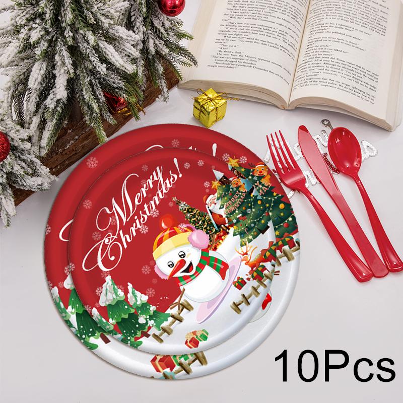 10Pcs/Set Disposable Tableware Set Party Supplies Paper Cups Happy New Year Fork Spoon X-mas Party Decorations Merry Christmas