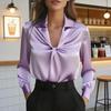 Women Shirt Lapel V-neck Knot Pleated Design Long Sleeve Pullover Tops Pure Color Smooth Satin Casual Tops Daily Wear