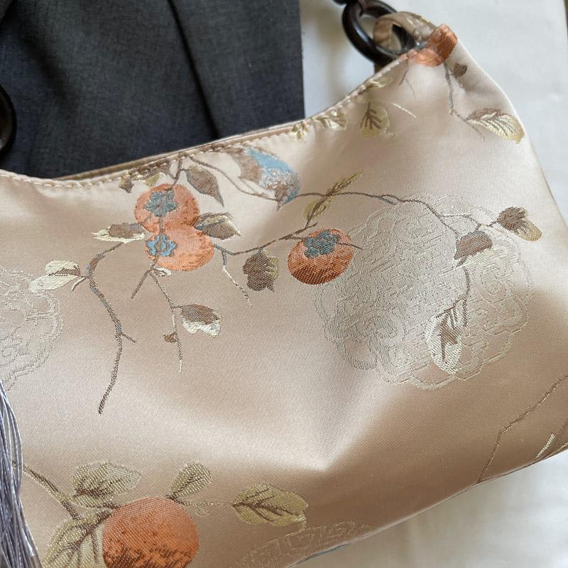Retro Beige Embroidery Handbag Women Beaded Handle Large Capacity Shoulder Bag Ladies Elegant Luxury High End Underarm Bags