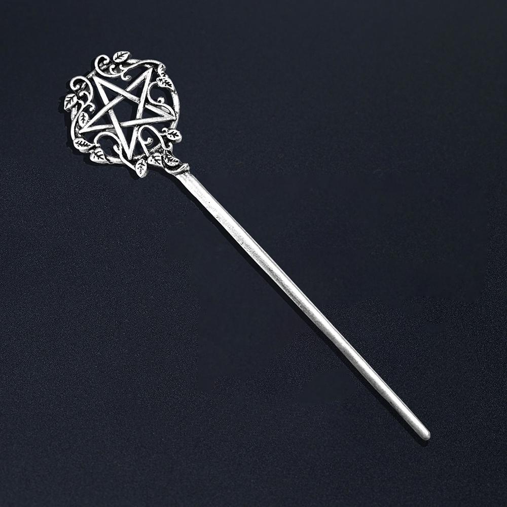 Retro Gothic Wicca Pentacle Hair Stick for Women Charm Witch Pentagram Hairpins Antique Silver Color Metal Headwear Jewelry Gift