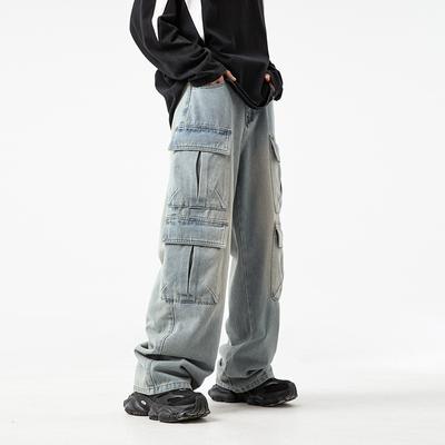 Herren Denimhose im japanischen Stil mit mehreren Taschen Frühling Herbst Gewaschene Hose Locker Casaul Lange Hose