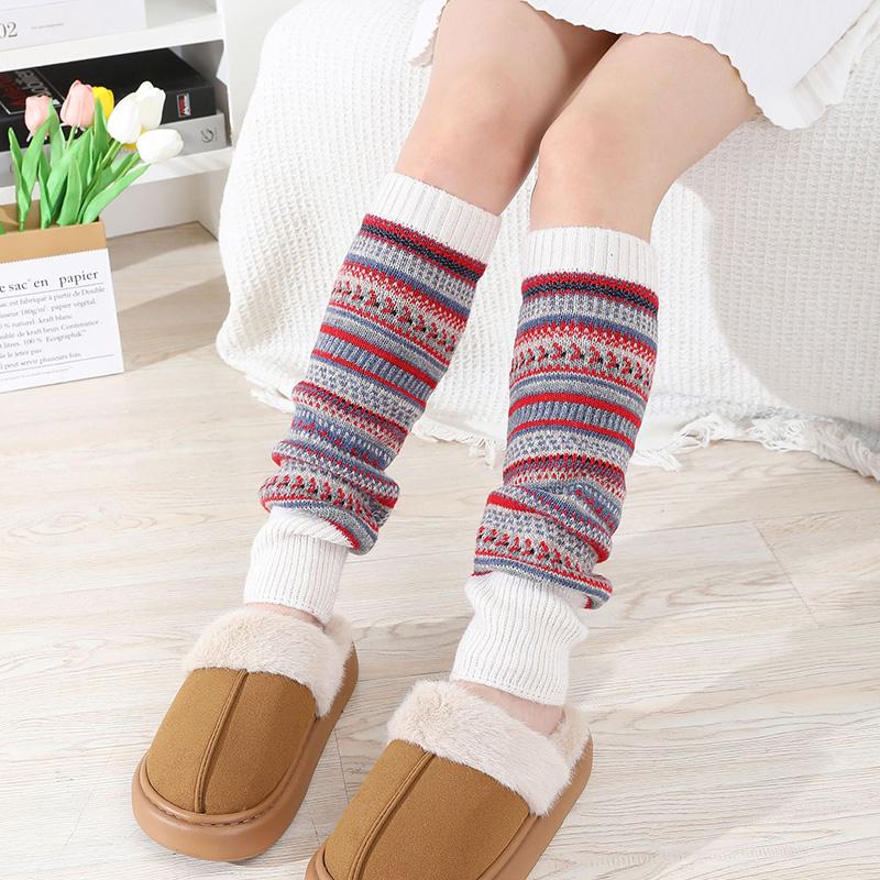Camouflage Bohemian Style Yarn Warm Leg and Knee Pads European and American Autumn Winter Women Color Blocked Striped Pile Socks
