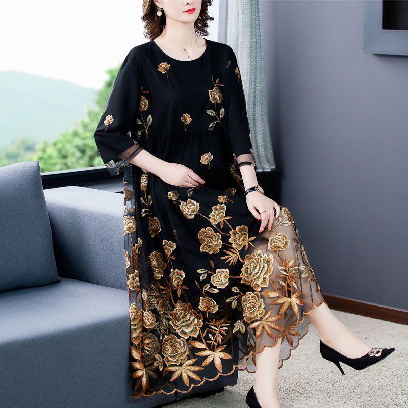 Rochie lungă rotundă brodată pentru femei, plasă, toamnă, largă, linie A, mărimi mari