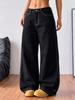Puffanpop Women's Wide Leg Jeans, Contrast Stitching Detail Y2K Streetwear Mid Waist Black Wash Denim Pants, Street Commute Date Outfit Trousers