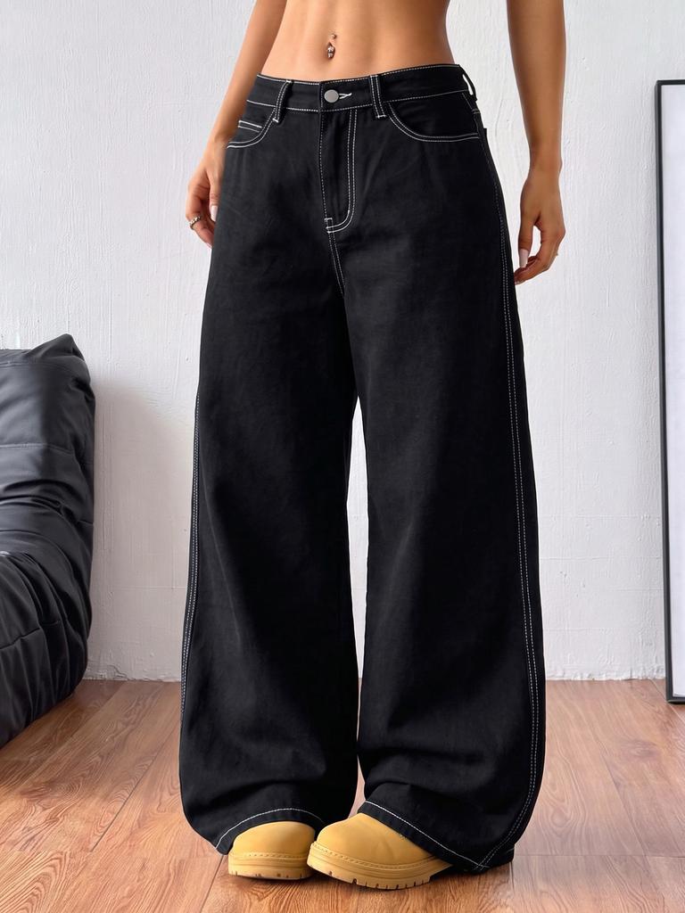 Puffanpop Women's Wide Leg Jeans, Contrast Stitching Detail Y2K Streetwear Mid Waist Black Wash Denim Pants, Street Commute Date Outfit Trousers