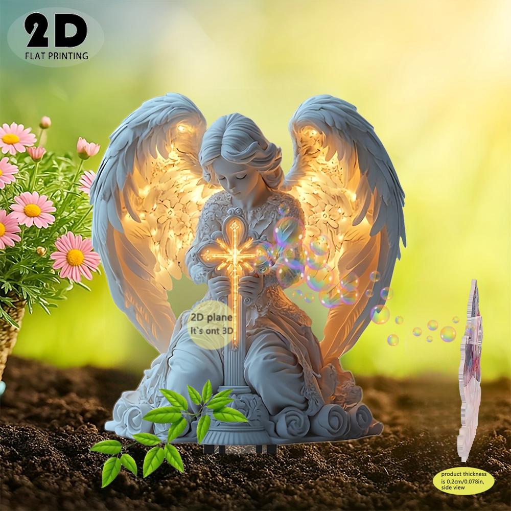 2D Angel Cross Garden Statue Religious Memorial Decor Durable Plastic Lawn Tombstone Mark Christmas Easter Thanksgiving Easy To Install
