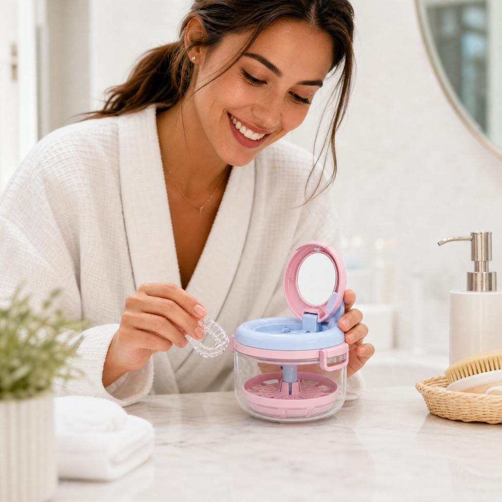 2-in-1 Manual Hand-Crank Retainer Cleaner with Mirror and Storage Box for Kids Appliances and Dentures