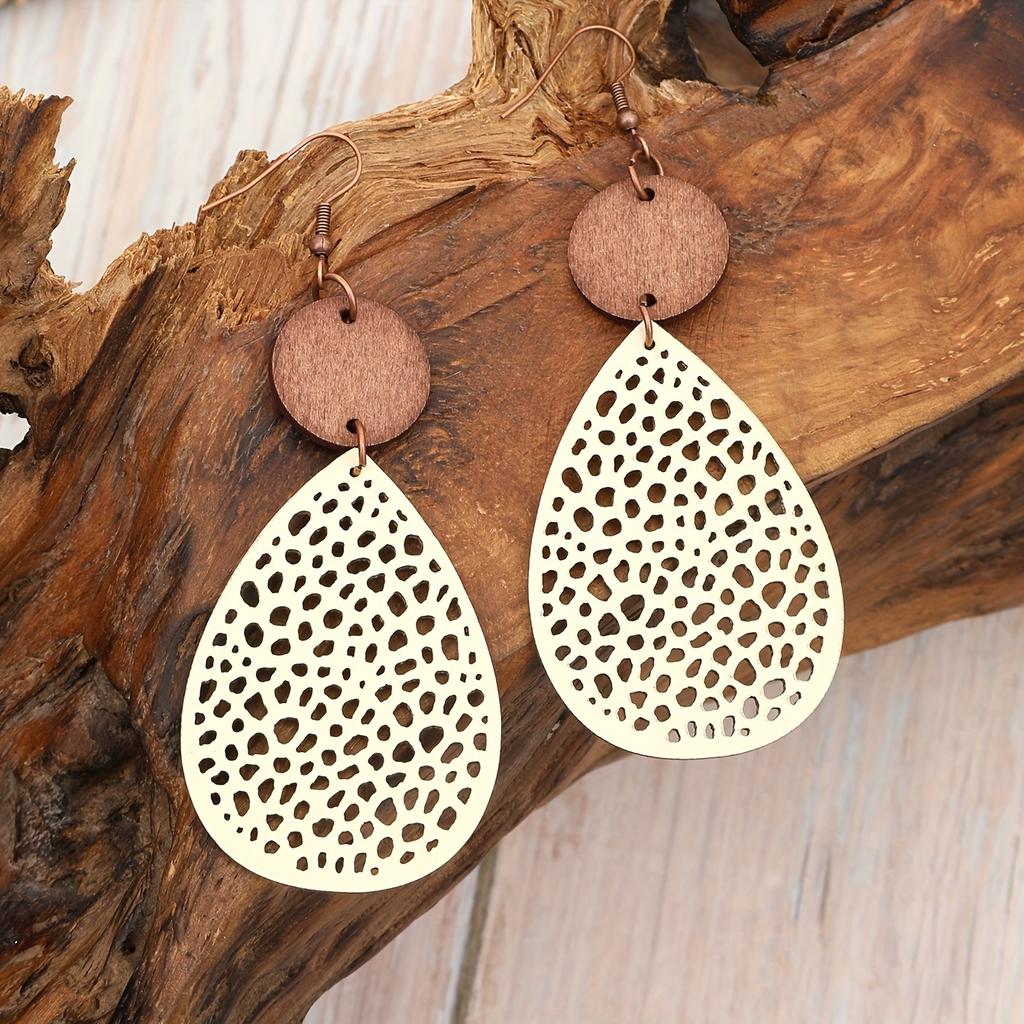 1 Paire d'Attaches d'Oreille Creuses en Forme de Goutte d'Eau Combinaison Cuir Copeaux de Bois Boucles d'Oreilles en Maille