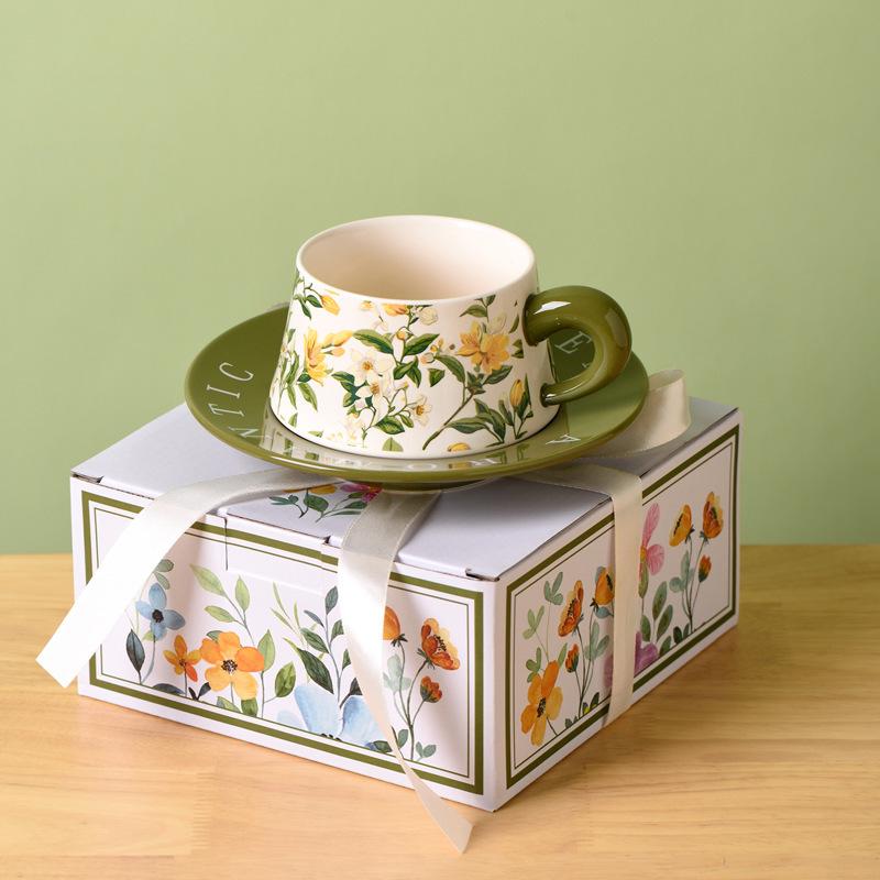 Light luxury creative flower printing afternoon tea coffee cup saucer set household breakfast cup couple exquisite gift