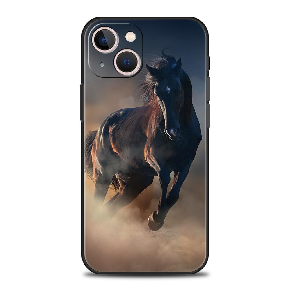Luxury TPU Soft Phone Case For iPhone 16 11 15 14 Pro MAX 12 13 7 8 Plus X XR XS SE 2022 Black Cover Horse Animal
