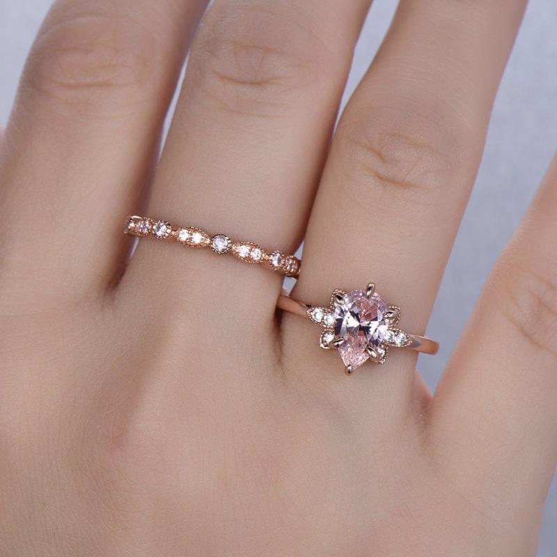 New Rose Gold Inlaid with Water Drop Powder Zircon Pair Ring European Beautiful Women's Wedding Engagement Floral Jewelry