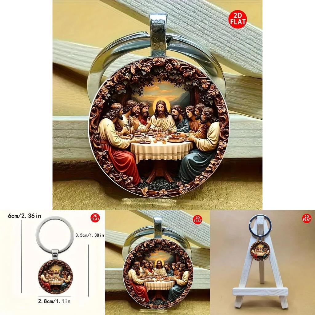 Jesus Last Supper Glass Pendant Keychain With Modern Minimalist Design For Religious Gift