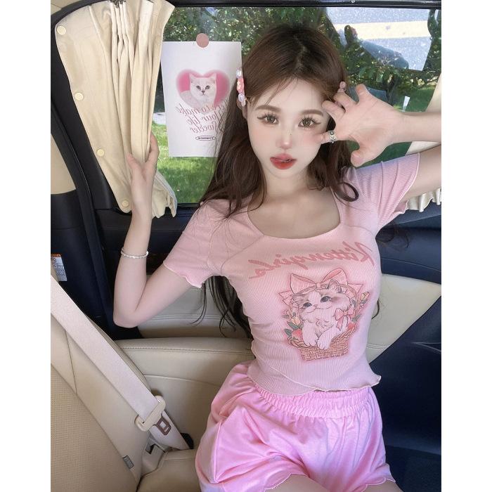 

Cartoon Printed Square Neck Front Shoulder Short Sleeve T-Shirt Women s Pure Desire Sweet and Spicy Clavicle Slim Skinny Top S розовый