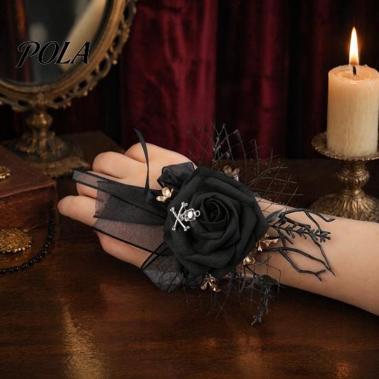 Halloween Wrist Flower Gothic Corsage for Party, Black Wedding Corsage, Romantic Bracelet Floral Accessory Day of The Dead Prom, Bride, Groom,