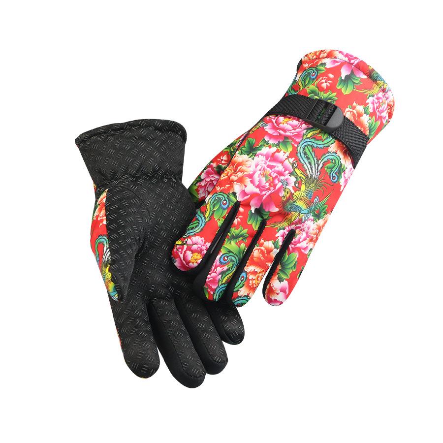 Ski gloves Northeast big flower couple winter warm and fleece waterproof winter outdoor electric vehicle riding gloves