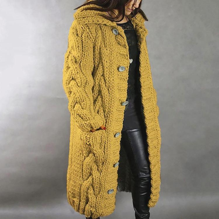 Damen Übergröße Langarm Kapuzenstrickjacke mit Taschen Einreihiger Mantel