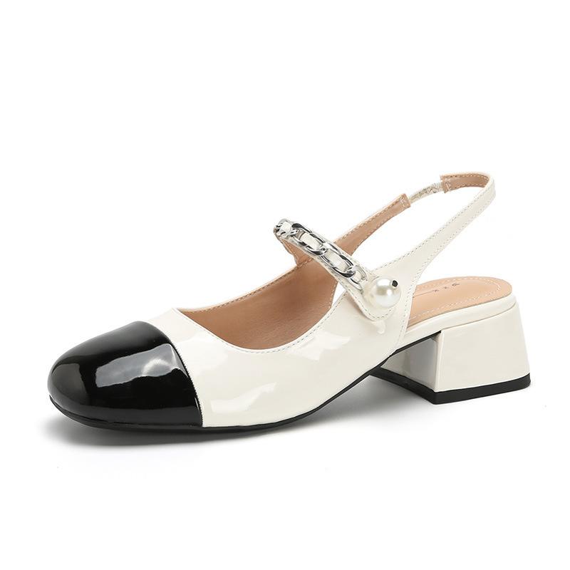 Genuine Leather Mary Zhen Stomped Mid-heel Spring and Summer Black and White Spliced Shoes with Skirt for Girls Thick Heels Baotou Sandals